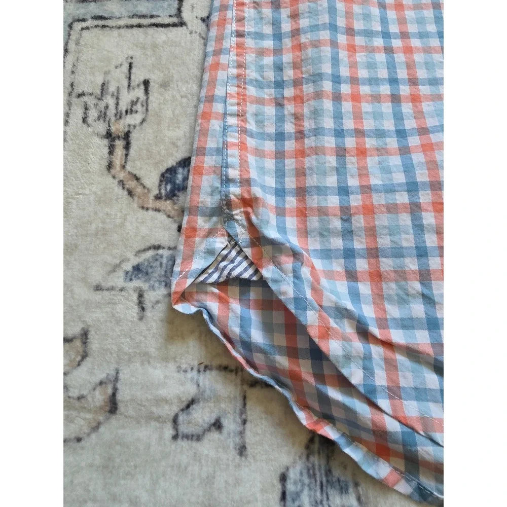 Fish Hippie Men's Small Tailored Fit‎ Coral Pink Blue Gingham Collared L/S Shirt